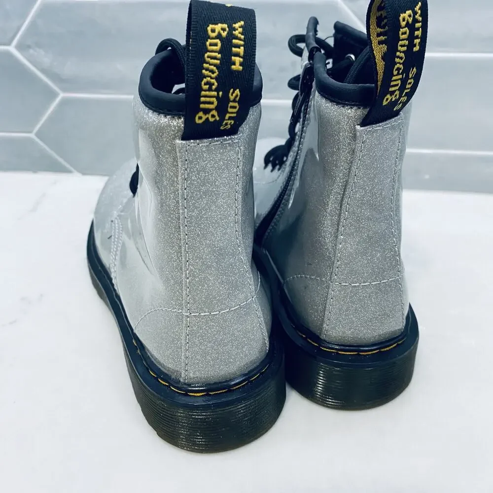 Dr Martens Boots Girls Size 3 Glitter J Youth Silver Lace Up Combat Shoes 1460